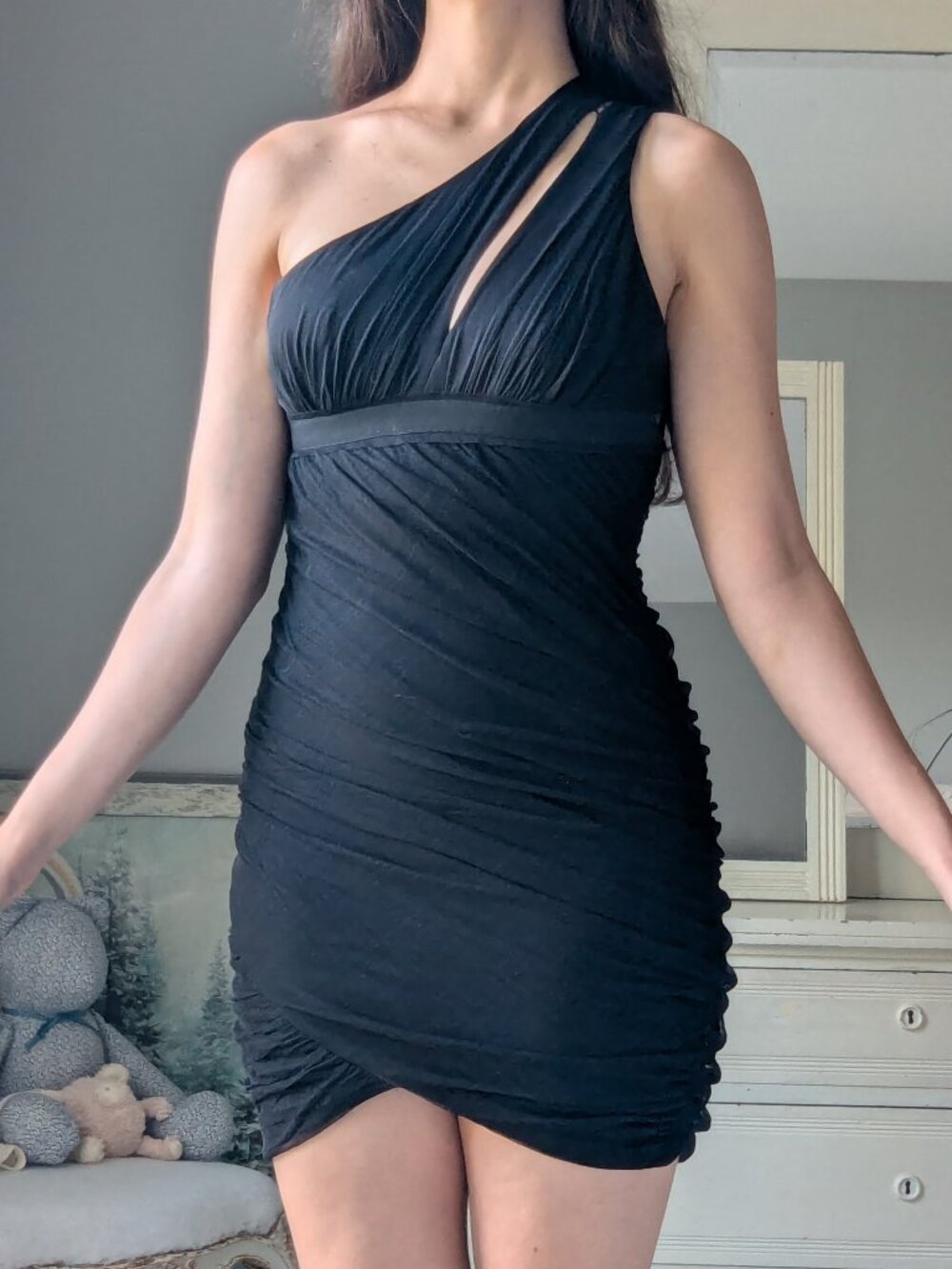 BCBG Max Azria XS Ruched Black One Shoulder Cocktail Night Out Party Mini Dress